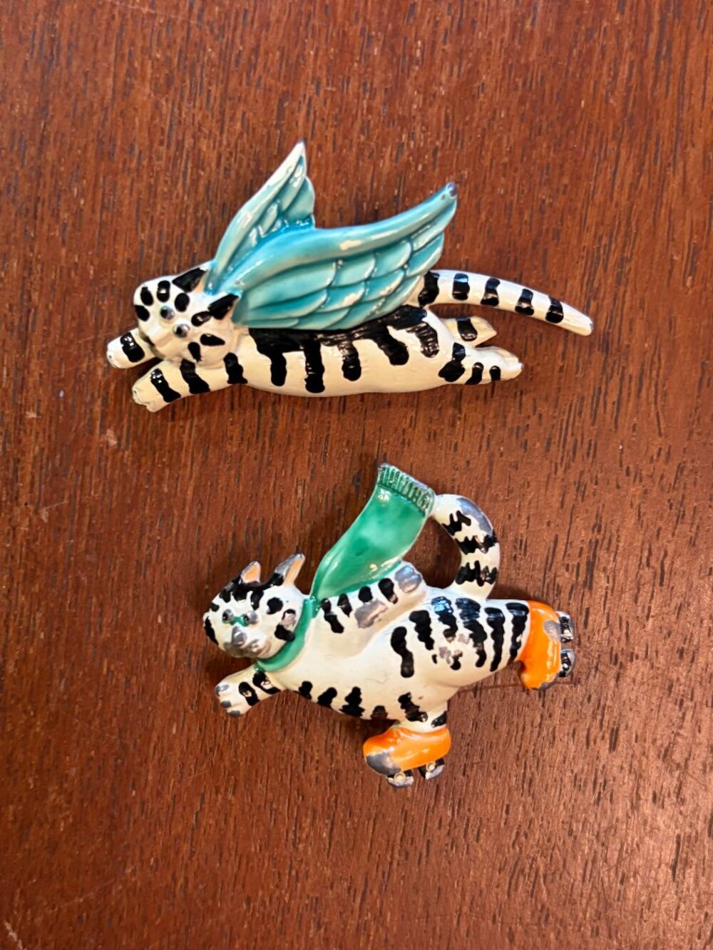 Two Vintage Enamel Pins Brooches CAPRI Flying Tiger & KIBAN Cat on Roller Skates